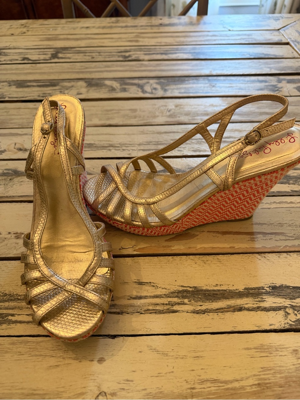 Lilly Pulitzer Sophie Gold Metallic Leather Raffia Wedge Platform - Picture 4 of 5